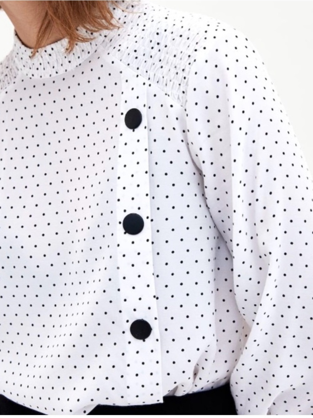 Zara White Blouse with Black Polka Dots and Button Placket